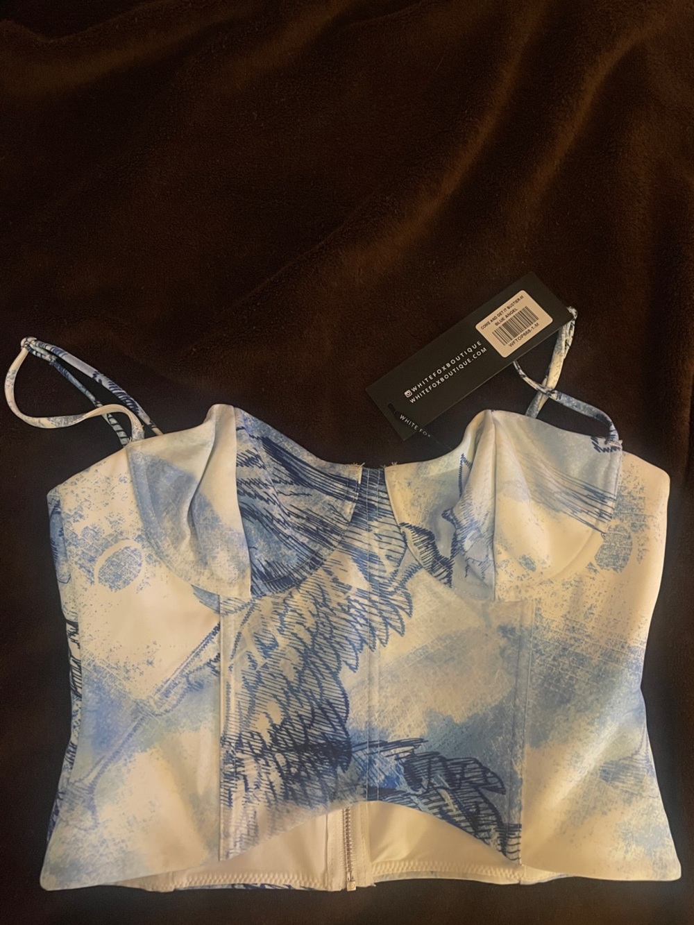 White Fox Boutique Blue & White Printed Bustier Top